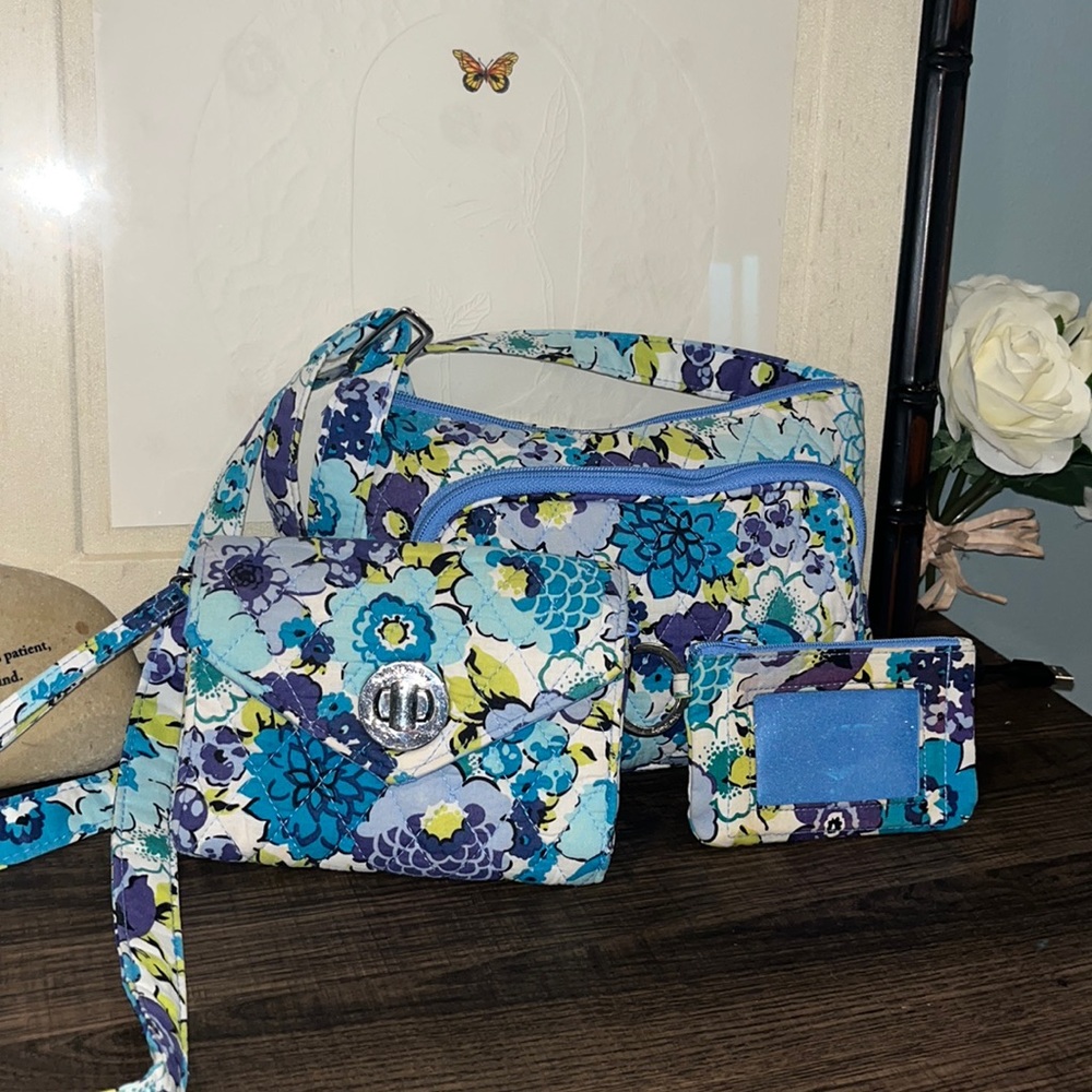 Vera Bradley Bundle Blueberry Blossom Crossbody, Wristlet , ID Key Chain Bags